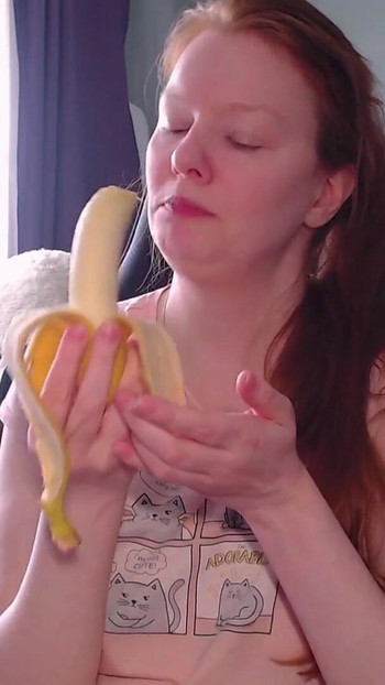 Spectacular moment from "It's time for a sweet snack! This banana looks soooo much like your dick! Look how greedily I suck it!"