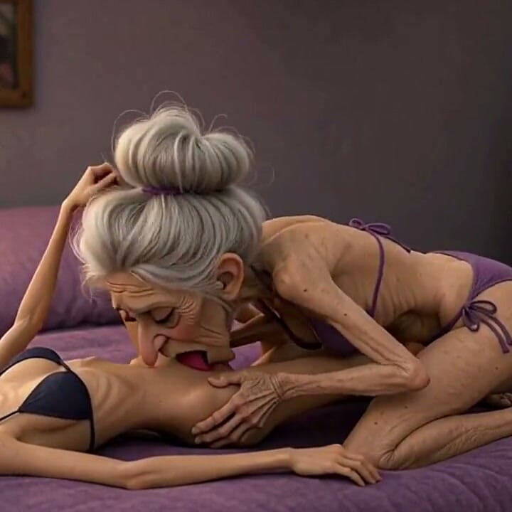 Extremely Skinny Old Woman Licks a Skinny Young Woman's Pussy