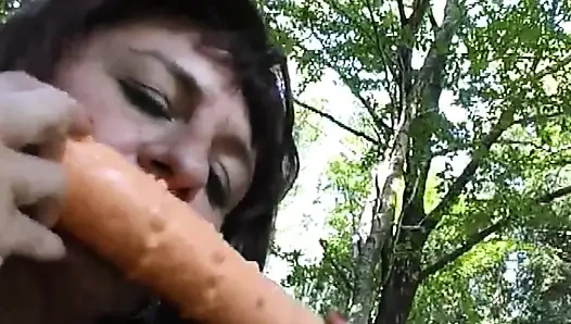 Dirty Brunette Fingers Her Pussy in a Park