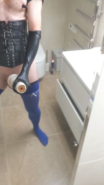 Horny fetish outfit leads to splashing large cum load over thigh boots