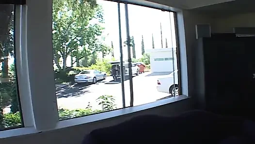 Skinny babe moans as she rides a monster cock on her tight cunt