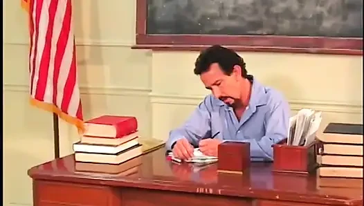 Hot ass chick on desk gets cum in mouth after hot fucking from teacher dude