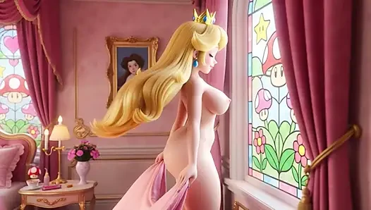 Güzel prenses peach çıplak huzurlu sabah bahçesi rutin büyülü çiçekler mantar krallığı doğa