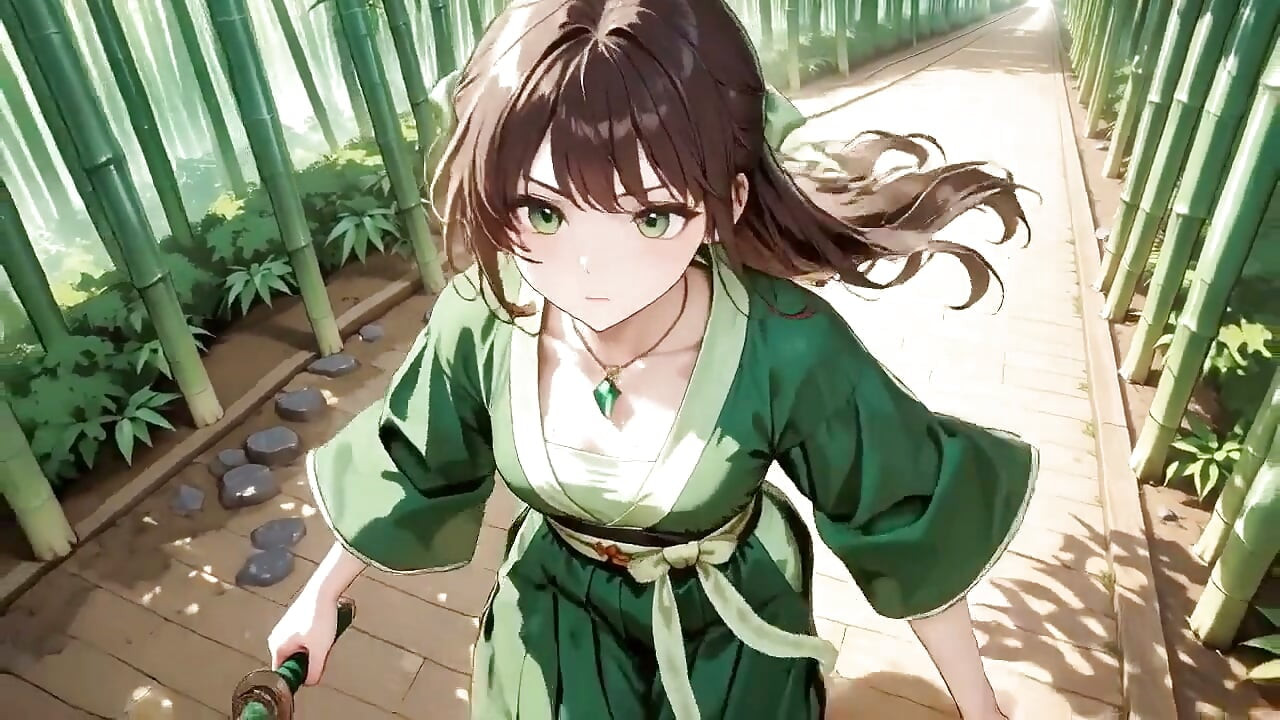 Quỳ trên tatami với chiếc váy ngắn, đôi mắt cô ấy mơ màng. Ánh nắng chiếu lên làn da ướt át khi cô ấy chuyển từ vẻ thanh thản sang quyến rũ.