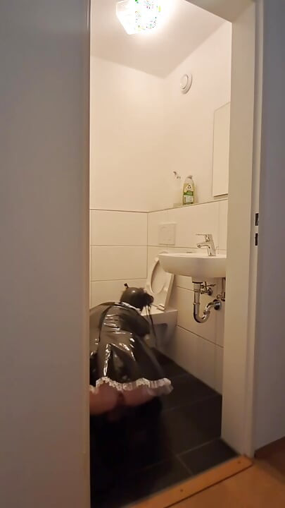 Caged Sissy Maid Slave - Cleaning the Bathroom for Mistress and Her Boyfriend