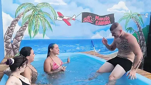 3 naughty friends paying the pool owner on the xerecard