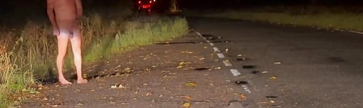 Αυνανισμός εντελώς γυμνός στο πλάι του δρόμου. Επίδειξη σε βαν