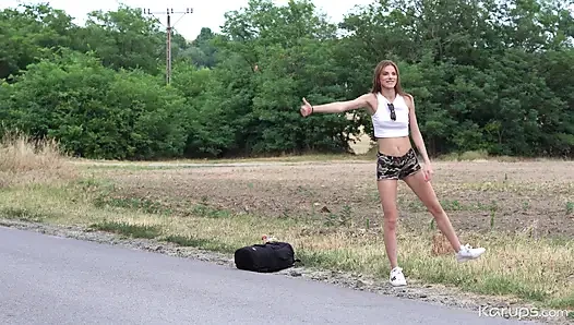 Skinny teen hitchhiker catches a ride with a tatted up muscular dude