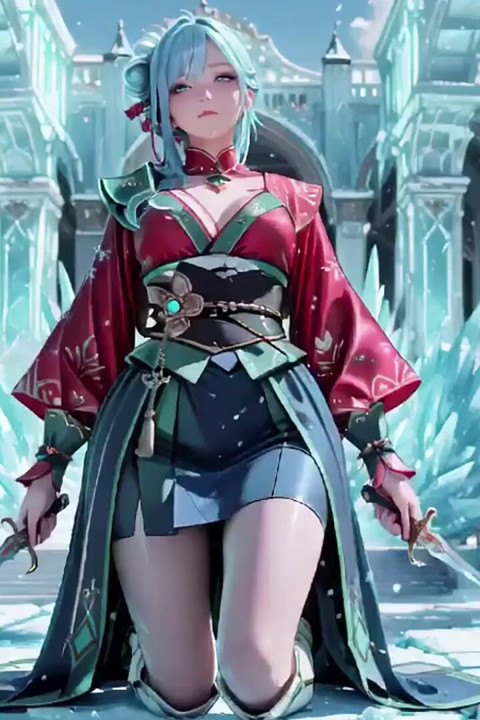 Ice Throne! Silver-haired Mage in Red-green Gown Kneeling, Blue-haired Partner Teasing in Realm!