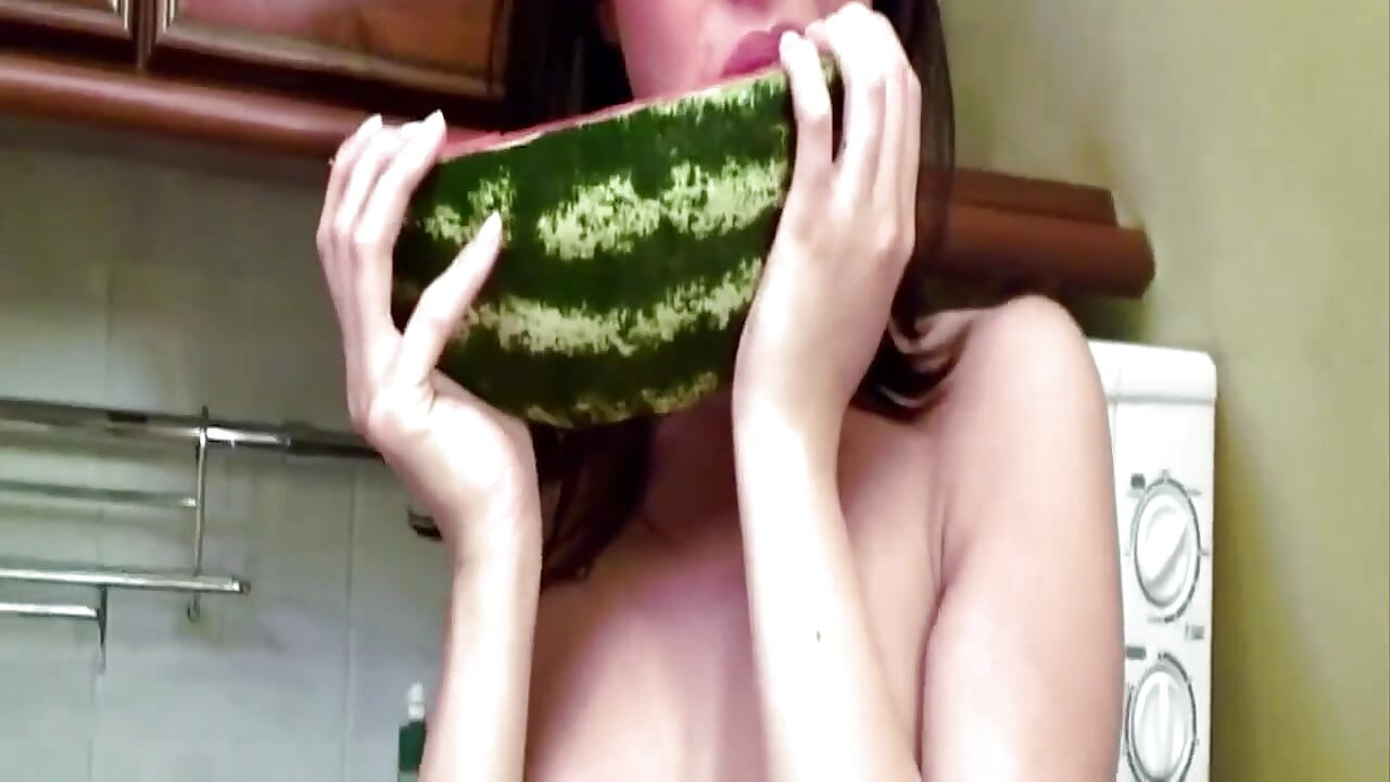 Brunette Rubs Juicy Watermelon All Over Naked Body