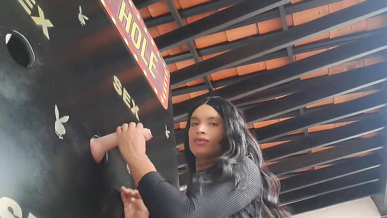 Glory Hole Trans Girl Sucks Cock Through the Glory Hole and Gets Fucked