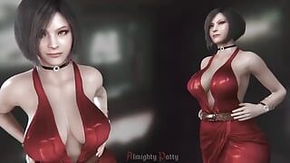 Ada wong in un abito rosso fantasia ha grandi tette che rimbalzano quando cammina