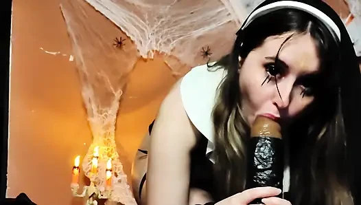 Nun Sucking a Huge Black Dildo with a Lot of Saliva