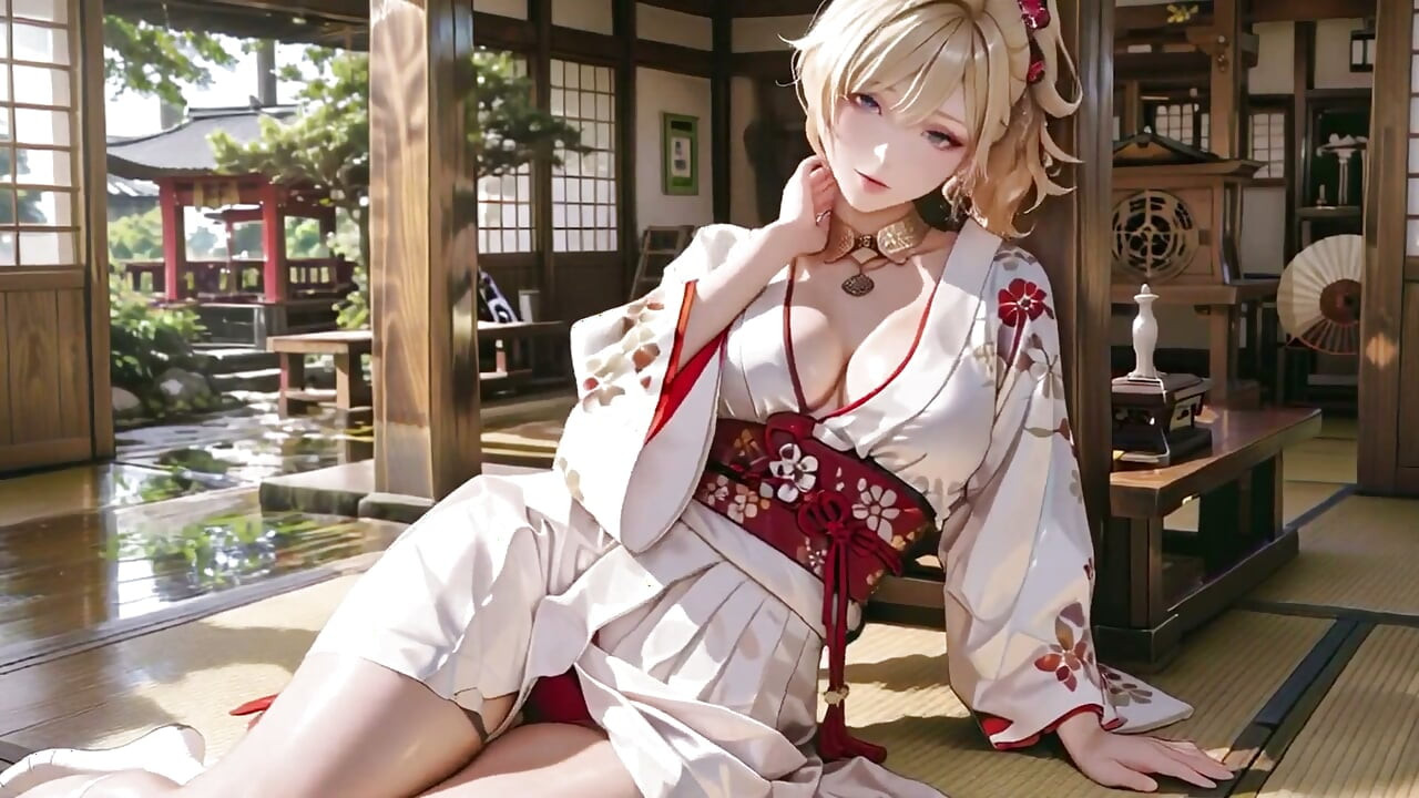 Blonde Kimono Girl's Shrine Secret! Kneeling Under the Torii Gate in a Beige Modified Kimono