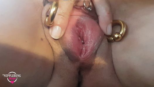 nippleringlover – horny milf rubbing pierced wet pussy on wooden trunk, huge nipple rings, chained, extremely pierced ni