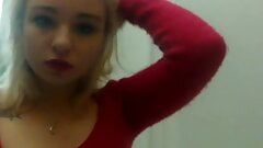 Lovely tender charming homemade striptease in a red sweater