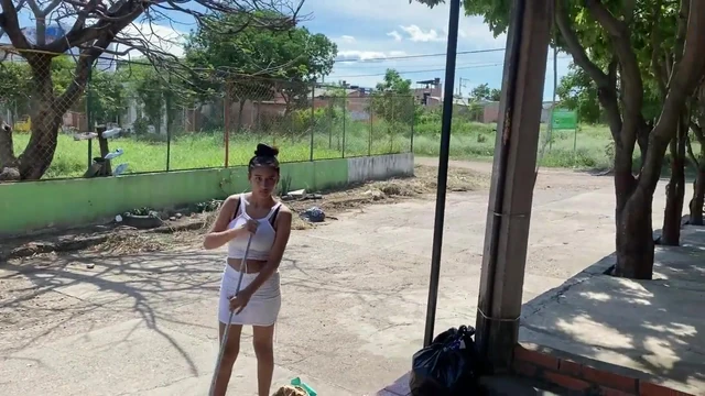 I'm bored sweeping outside my house and my neighbor invites me to fuck and I accept