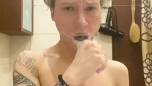 the girl came from a group sex and washed her mouth and face