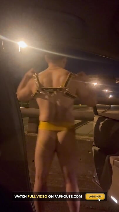 Almost Caught: Leather Muscle God’s Risky Bridge Flex & Stroke