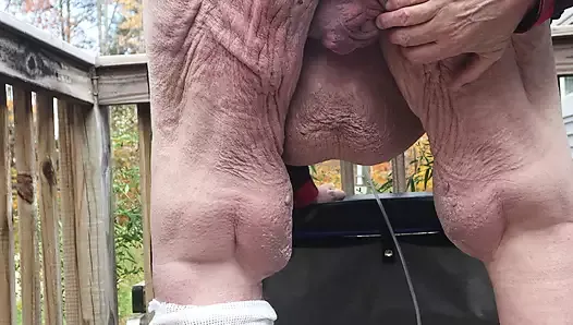 stroking my tiny cock on my back porch