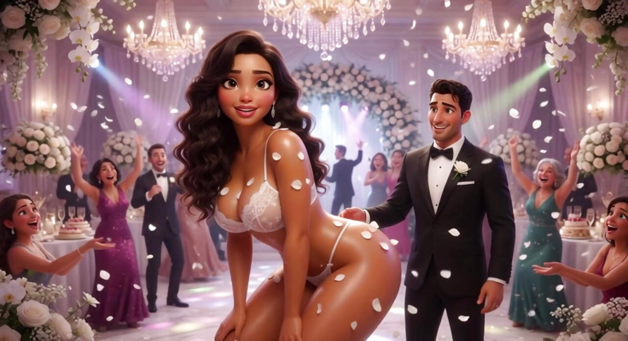 Cuckold echtgenoot laat alle gasten zijn bruid op handen en voeten aanraken bij de bruiloft receptie (AI generated)