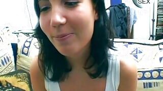 Dark-haired girl from Germany eating cum after riding a cock like a wild slut