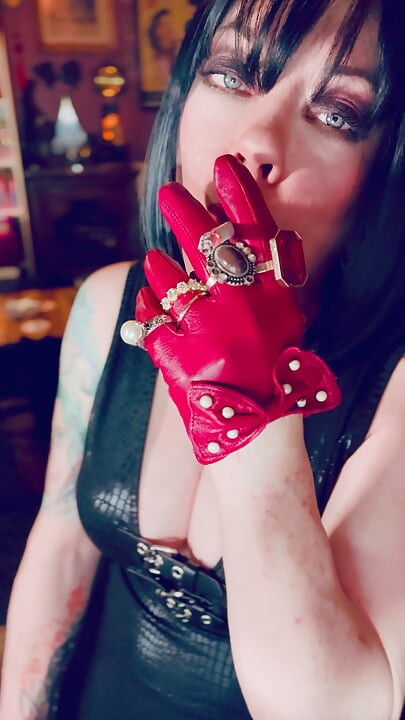 Red Leather Gloves & Rings! Smoking Tart Tina Snua Smokes A Cigarette & Shows Off Her Gloves - Smoker