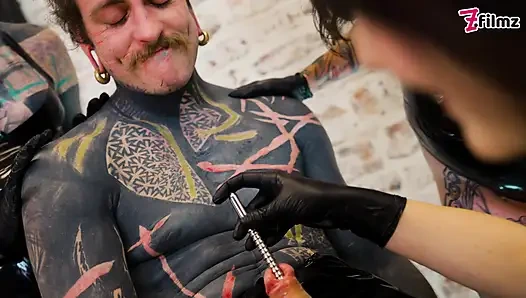 3 Latex Femdoms dominate Tattooed Slave - Sounding, Ureta Fingering, Dominatrix