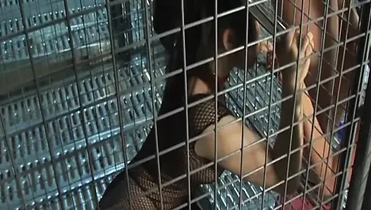 Caged Lesbian Sluts Dildo Drilling Dripping Pussies