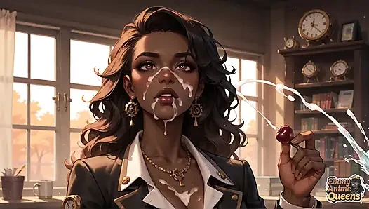 Бурный чернокожий мужчина ударяет студентку, забрызгая подливой на ее лицо. в то же время, он достигает оргазма на столе!