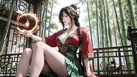 The Red-Robed Goddess in a sun-dappled secret garden, lazily turning her head with golden halos and a coy smile