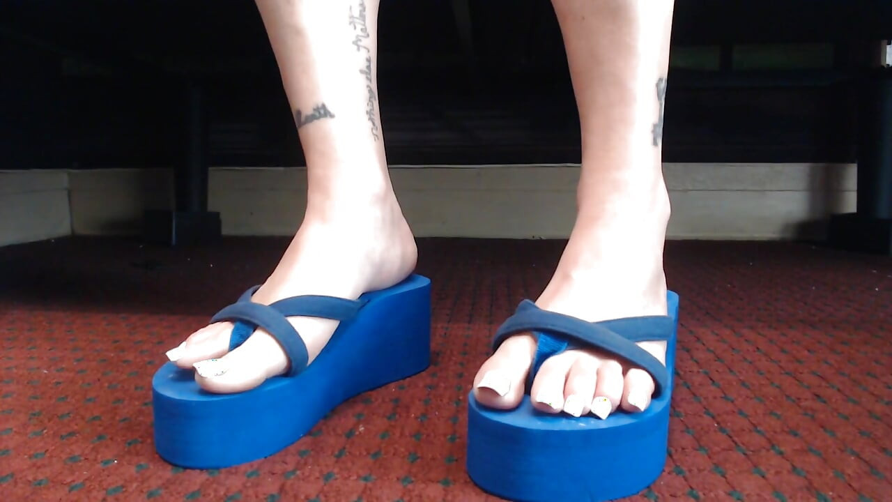 Long White Toenails Wedge Blue Flipflops