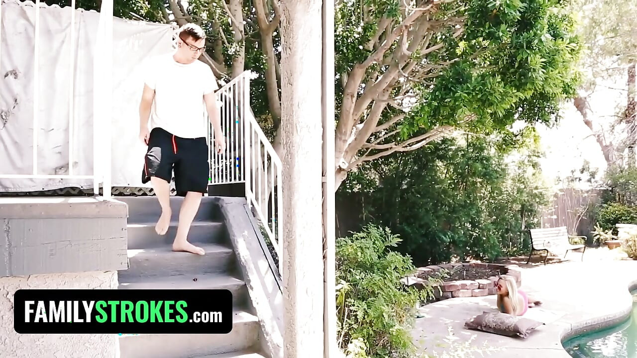 Family Strokes - Skinny teen let her horny stepbro rub and plays with her pussy by the pool