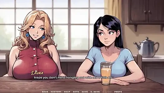 Моя новая девушка, табуированная хентай-игра, эпизод 48. Удивлённая отчимом на кухне с мачехой и девушкой!