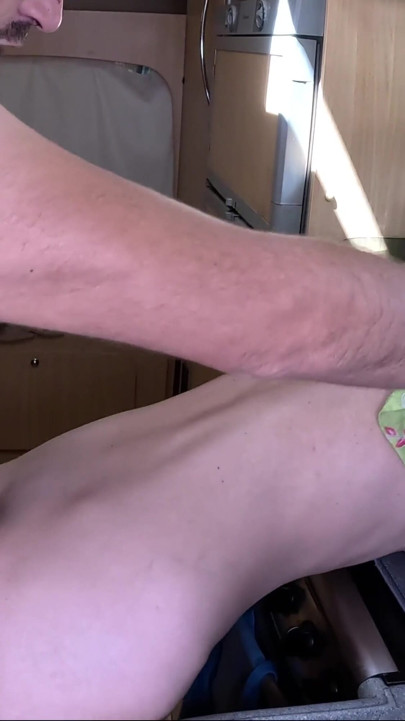 Horny wife washing dishes gets fucked hard from behind by her husband who cums inside her | Clip 1