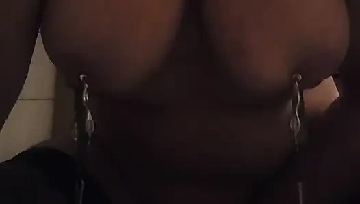 Pain slut: Nipple weights, pussy clamps. Playing with a wand to orgasm.