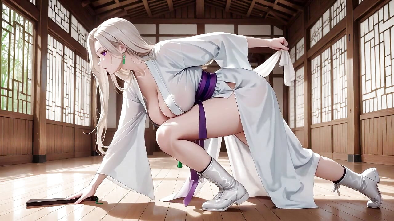 Bílá kimono služka! Klečení na japonské chodbě, obrovská štěrbina odhalující mokrá stehna pod sluncem.