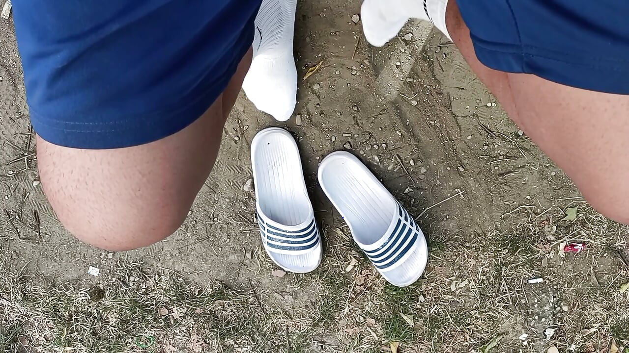 Making Socks Dirty in Slides - Used Socks and Slides and Uncut Soft Cock
