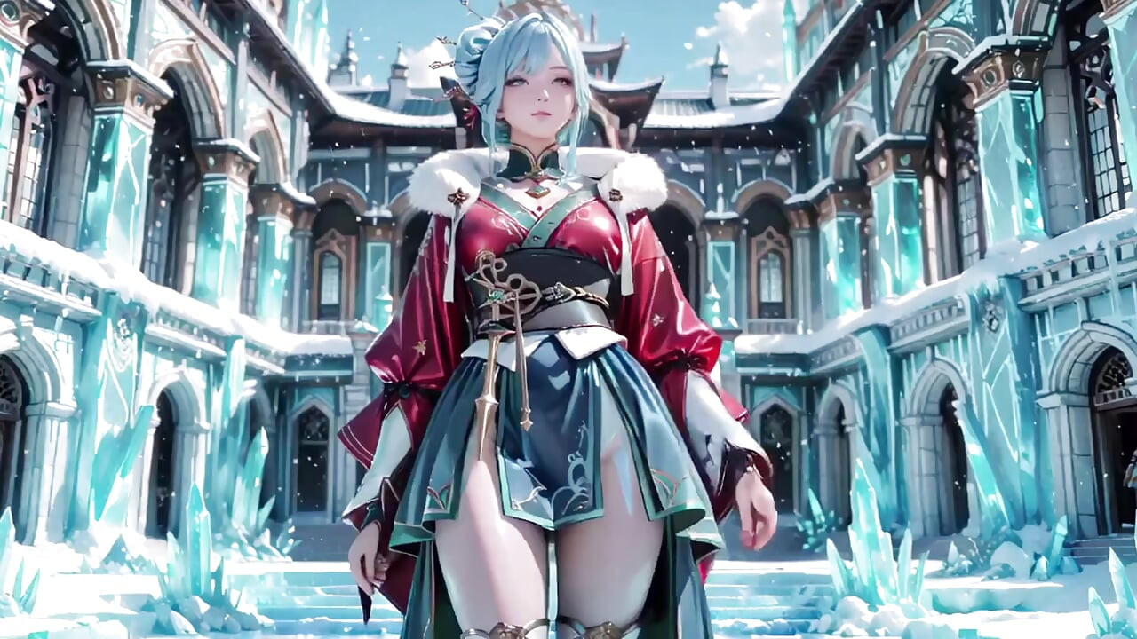 Ice Throne! Silver-haired Mage in Red-green Gown Kneeling, Blue-haired Partner Teasing in Realm!