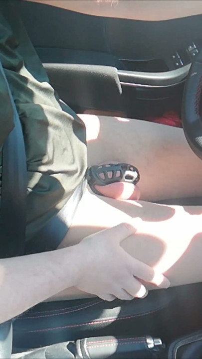 Small Penis in Cage While Driving in Pantyhose