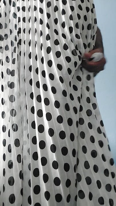 I'm masterbating wearing a Silk Seethrough chiffon black and white polka dots pleated Skirt