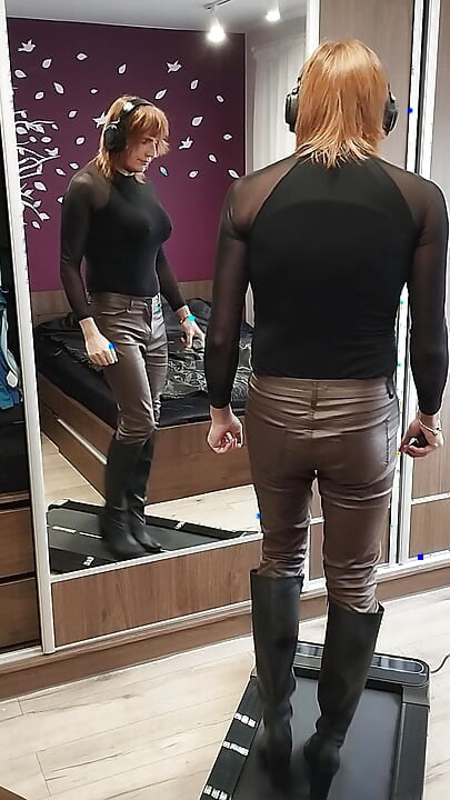 Learning to walk in heels in leather pants