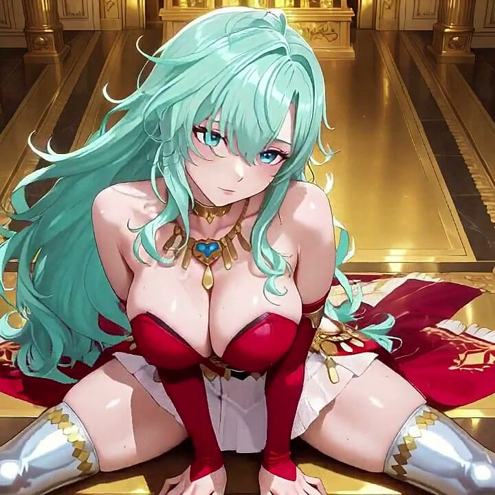 Golden Hall Fantasy! Green-haired Knight in Red-white Armor Kneeling, Teasing with Floating Magic Books - Divine Meets Carnal!