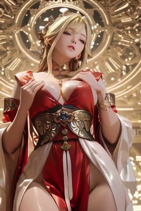 La déesse céleste descend ! Hanfu rouge et blanc, cheveux dorés, pieds nus sur le réseau de nuages.