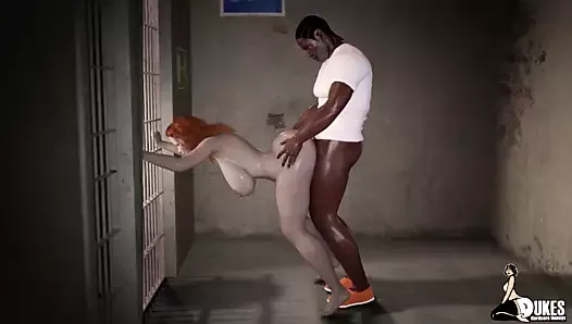 Ginger haired woman fucks a big black dick in prison