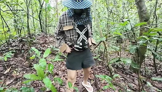 Thai girl walks and brags about picking mushrooms anyway, peeing in the forest Thai Voice