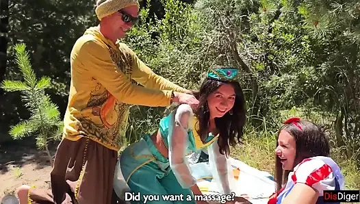 Cute Princesses Jasmine and Snow White Get Fucked by Rough Guys in a Fairy-tale Forest