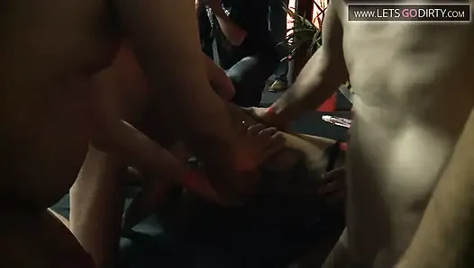 Hot girl gets cumspray allover body after sucking and fucking two huge cocks
