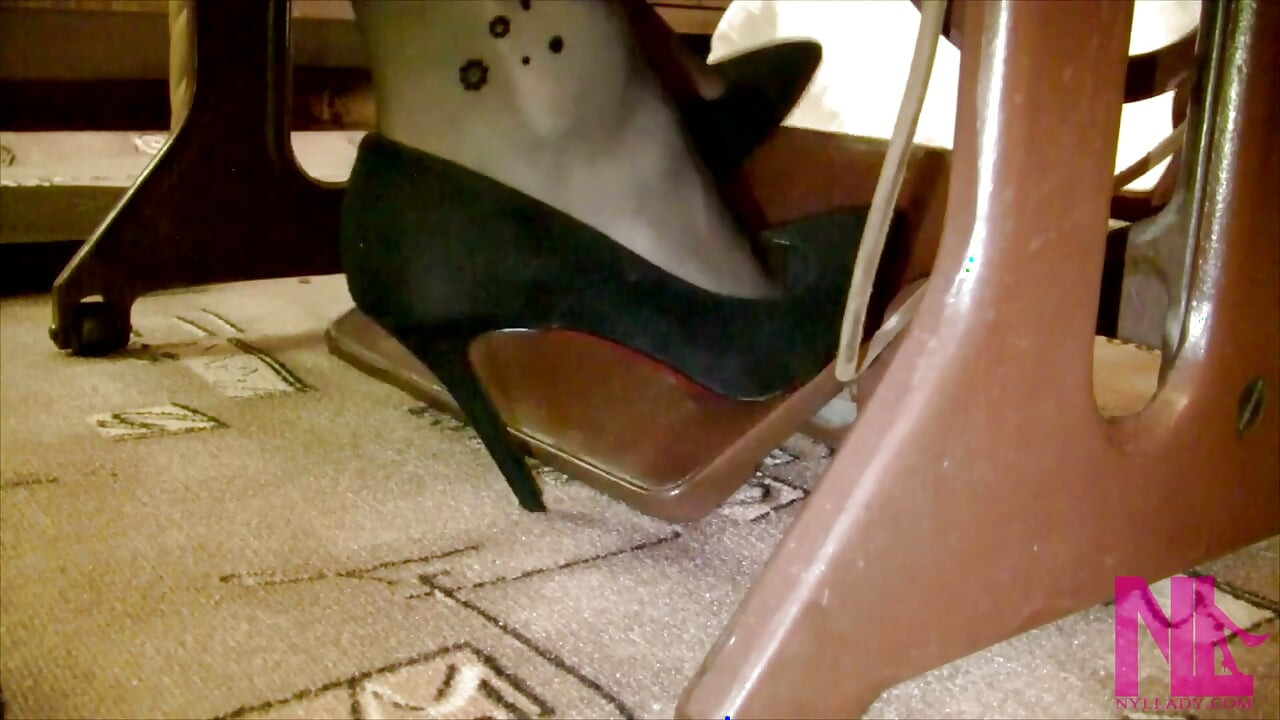 Vintage_sewing on My Granny's Old Sewing Machine in Black Pantyhose and Suede Louboutins