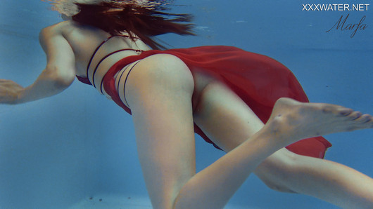 Super hot babe in red lingerie Marfa underwater and by the pool